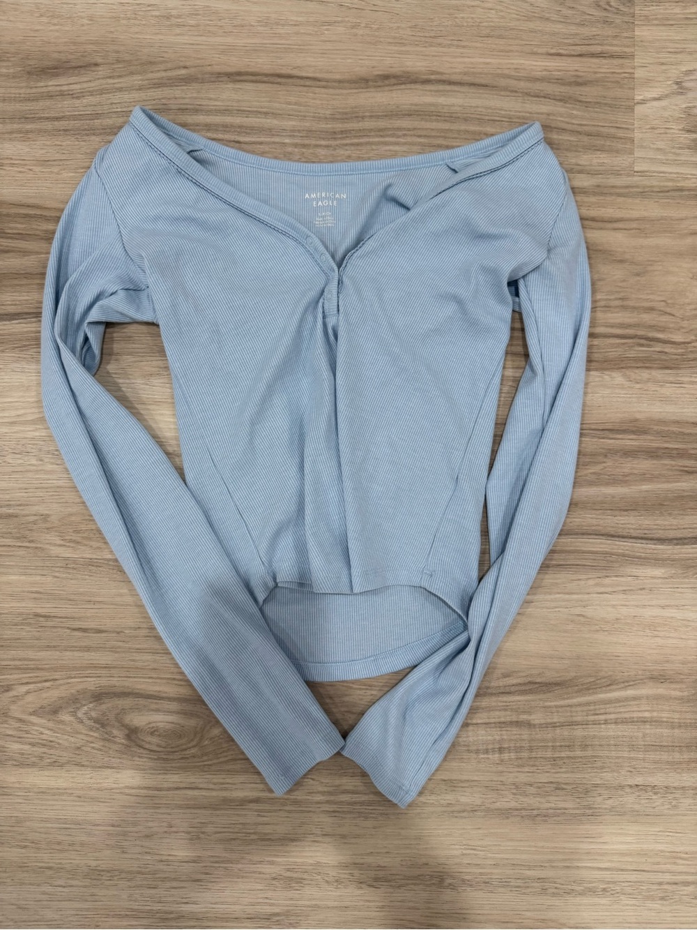 American Eagle Outfitters Powder Blue Ribbed Off-Shoulder Long Sleeve Top